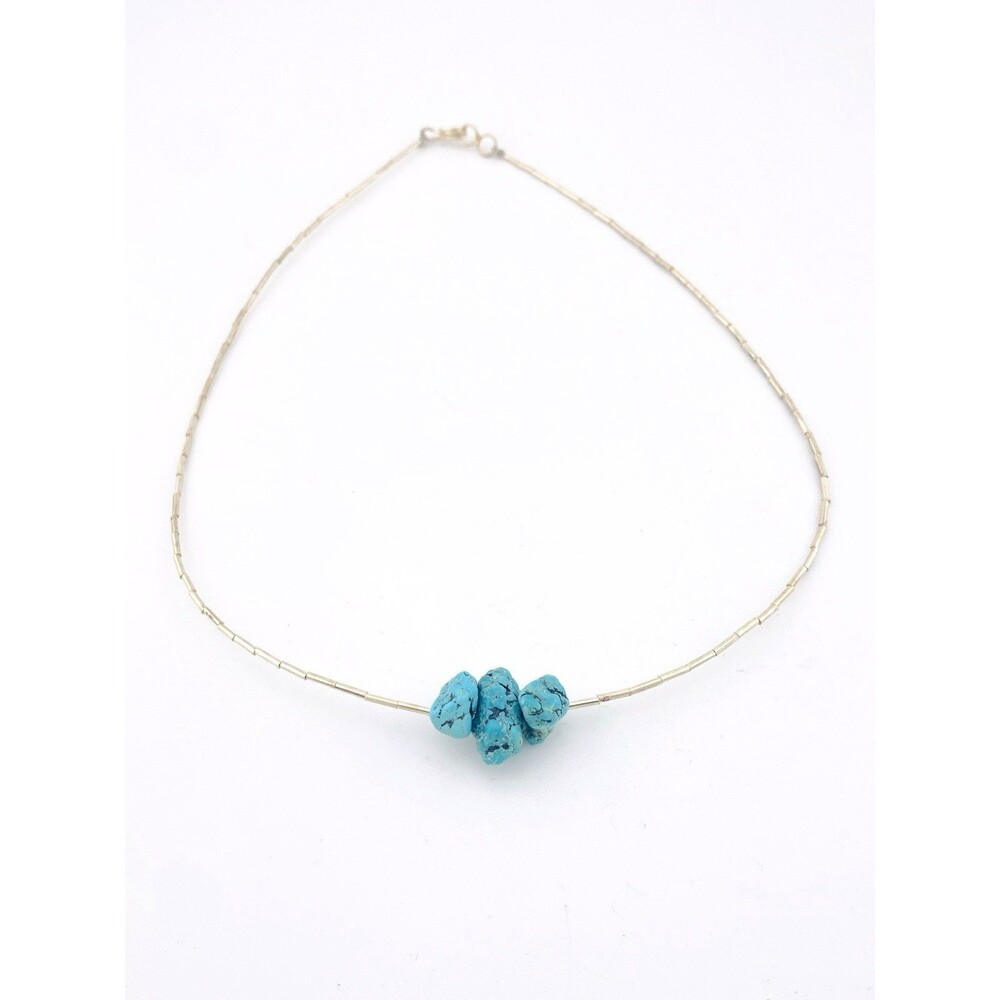 Vintage Turquoise Liquid Silver Choker Necklace Southwestern 3 Stone 15.5"